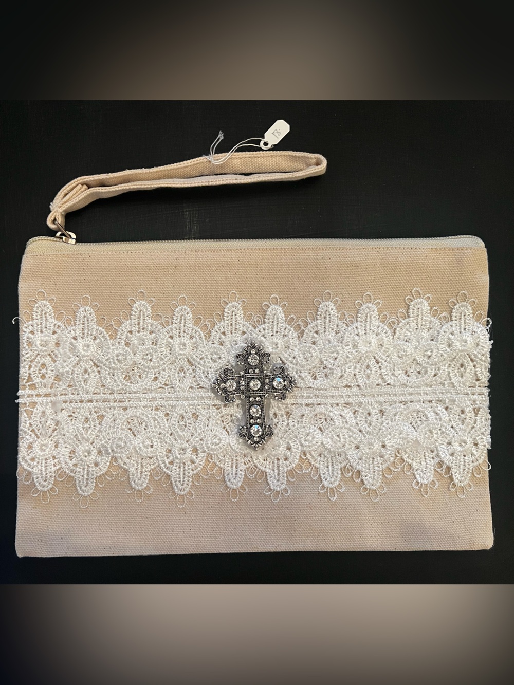 Beige Lace Wristlet Clutch with Decorative Cross